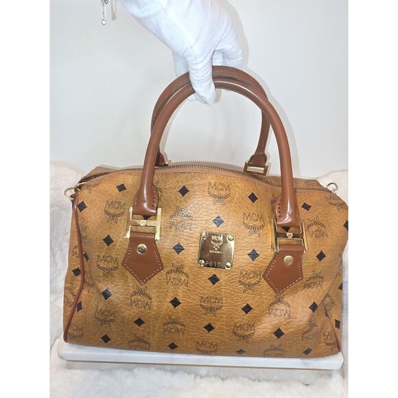 MCM Handbags - MCM Cognac Monogram Visetos Boston Bag with Strap 240703